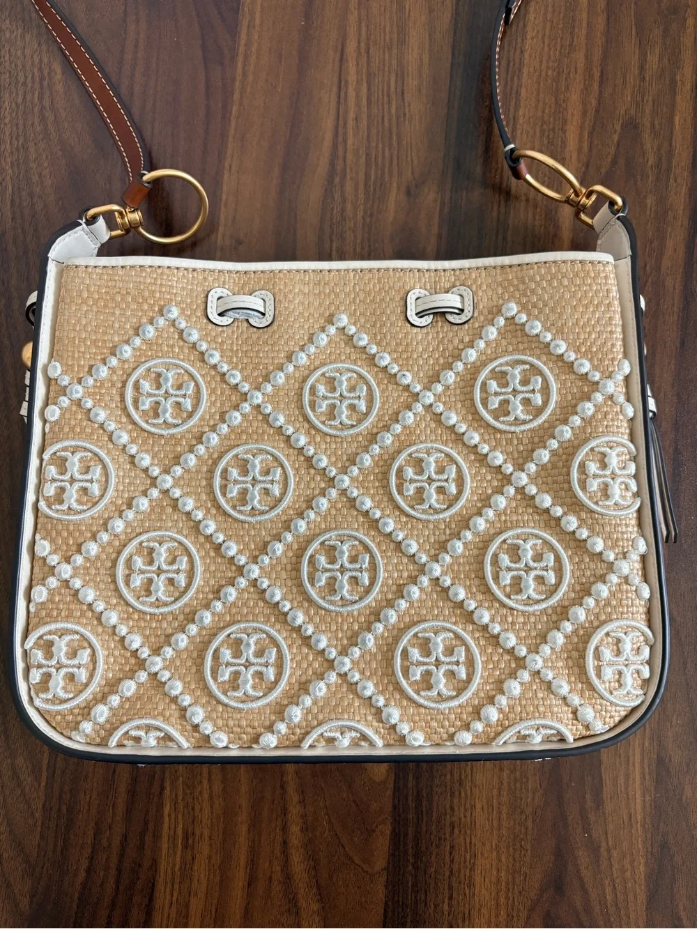 Tory Burch Tan Raffia Crossbody with Logo Embroidery